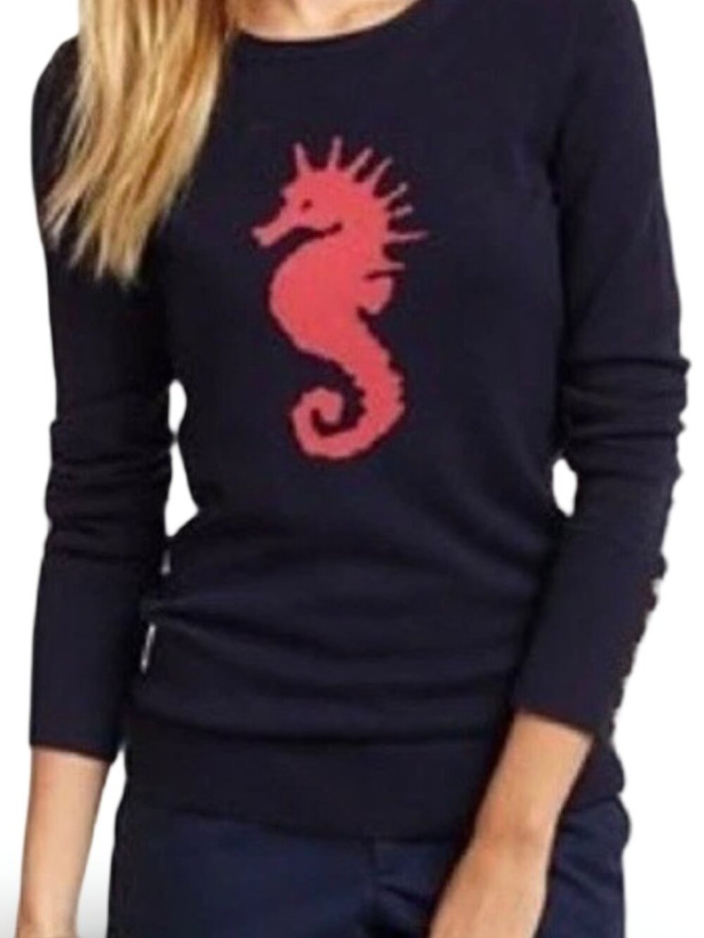 Lilly Pulitzer Seahorse Sweater Size M Navy Pink Nautical Button Cuff Wool Blend